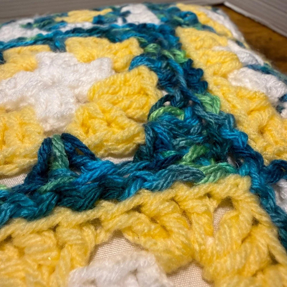 Handmade Crochet Granny Square Throw Pillow Yellow Teal White Boho 14x14 Cottage